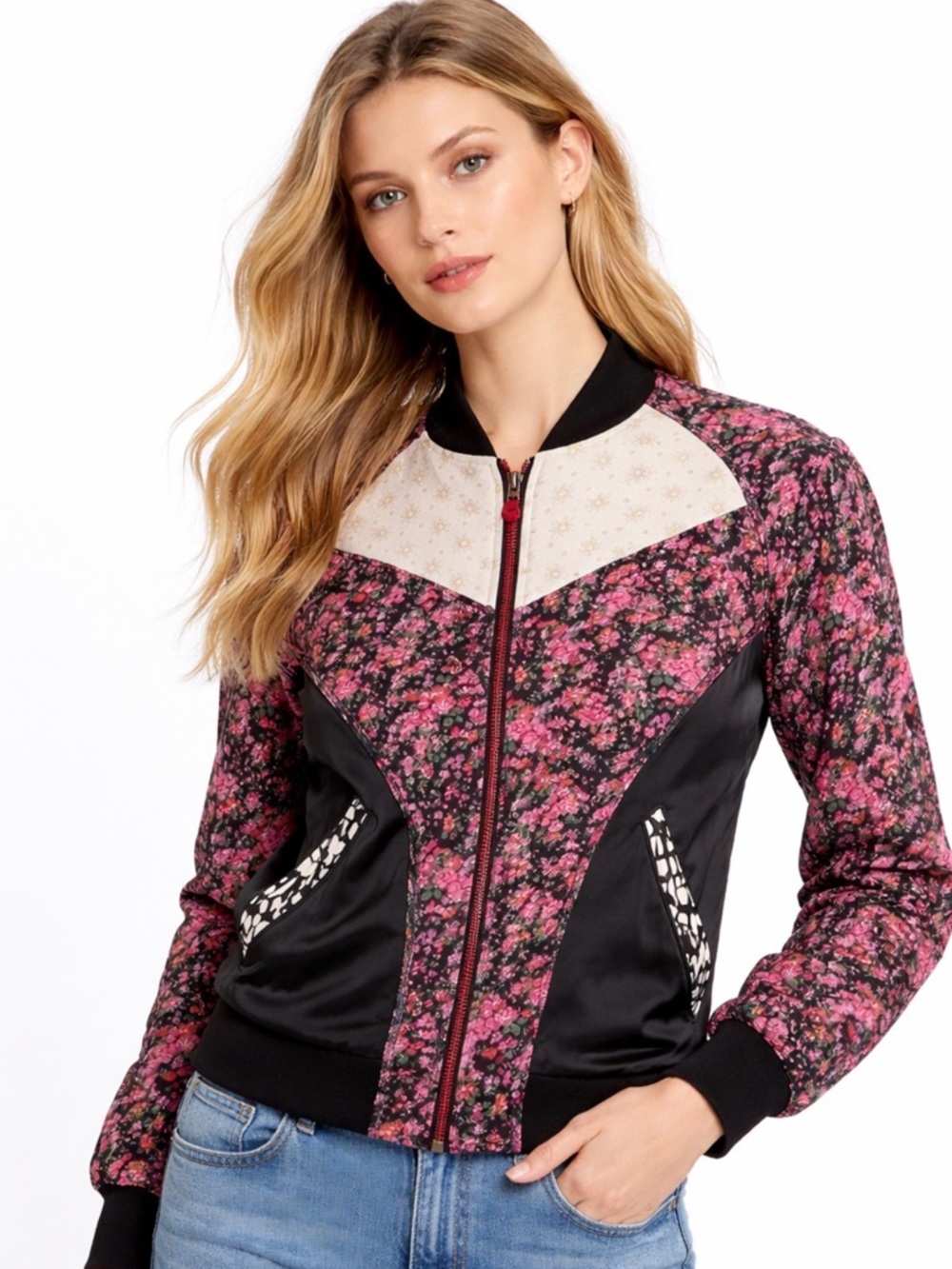 Coach Floral Silk Bomber Jacket in Black with Pink and Green S